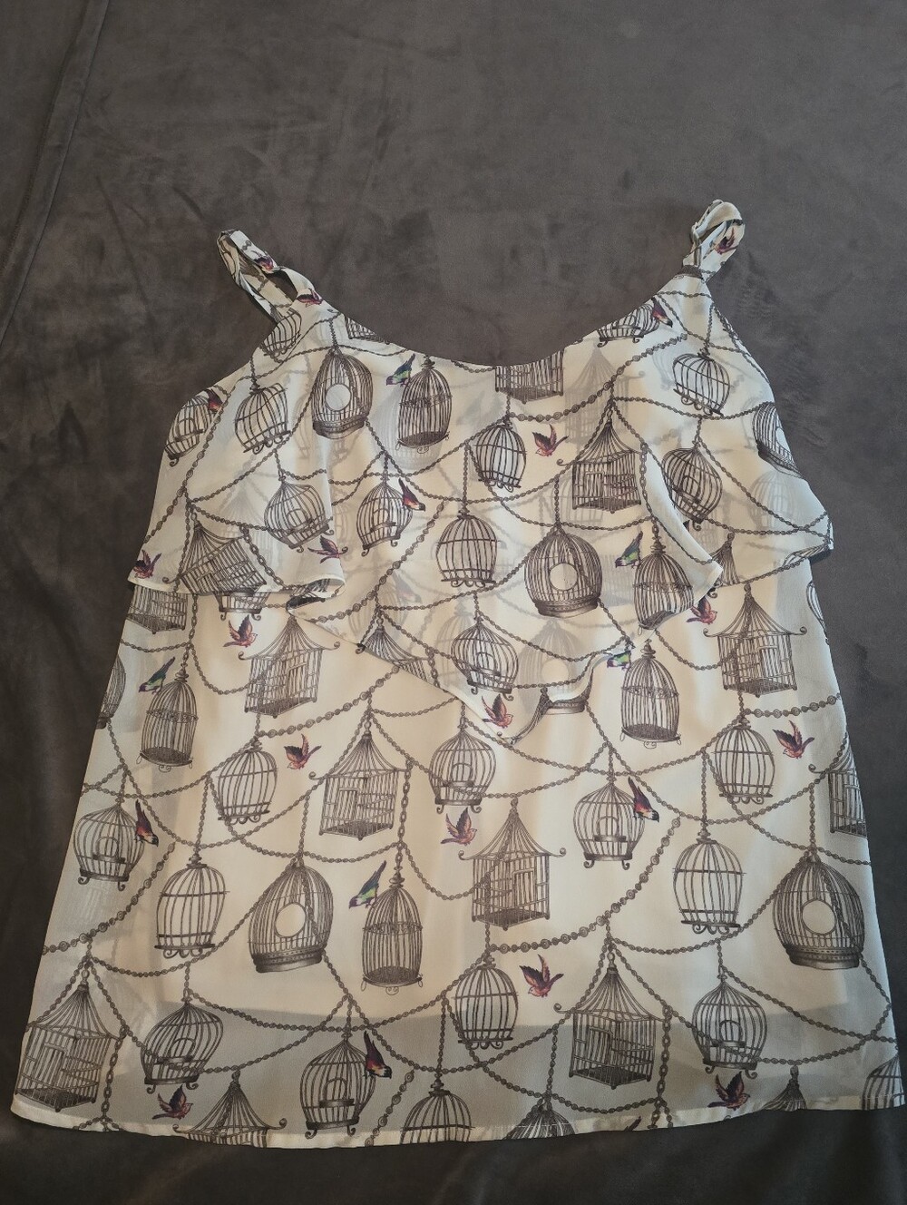 Vintage Torrid Cream Birdcage Print Sheer Ruffle Tank Top Lined Size 2 XXL